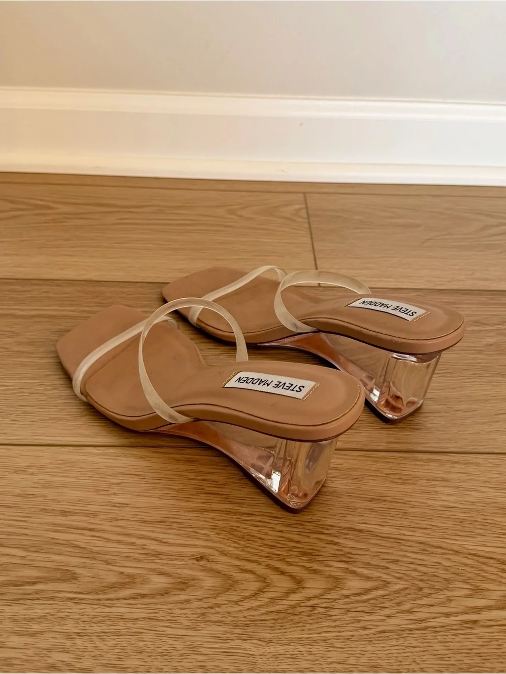 Steve Madden Tan Footbed Clear-Strap Block Heel Mules